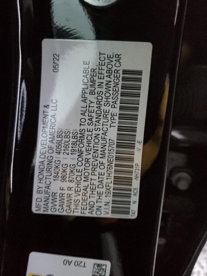 2022 HONDA CIVIC EXL VIN:19XFL1H76NE015707