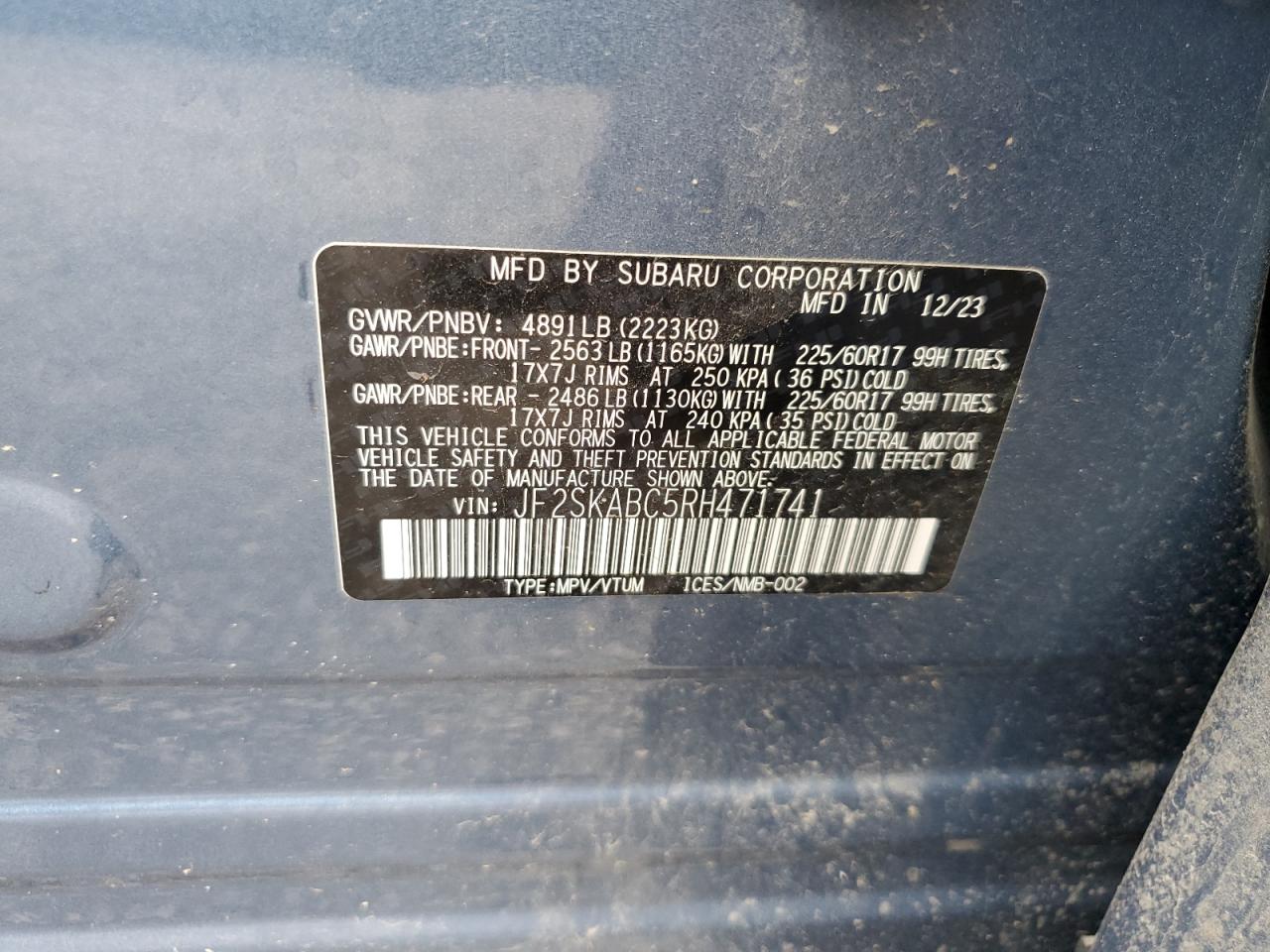 2024 SUBARU FORESTER  VIN:JF2SKABC5RH471741