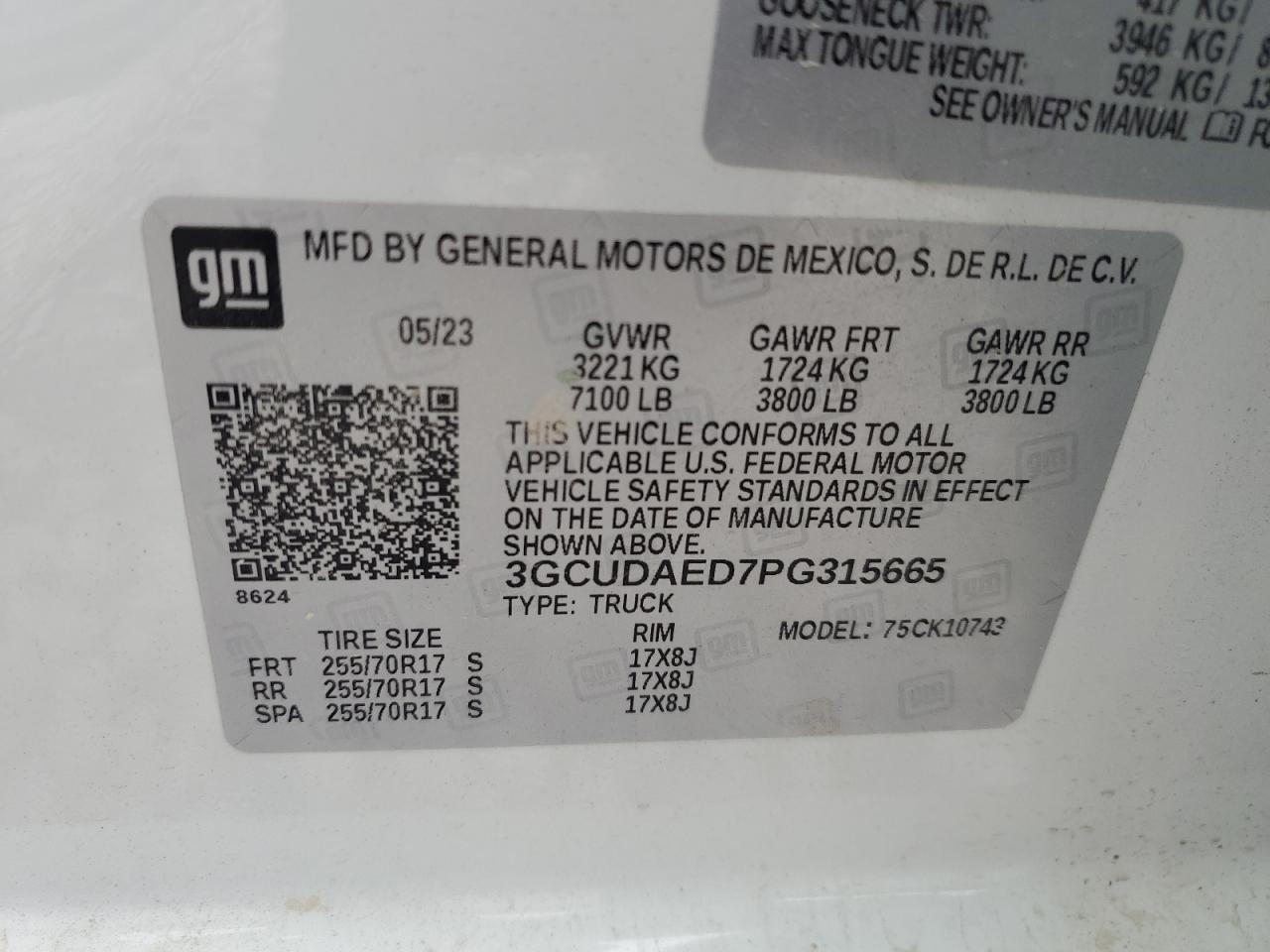 2023 CHEVROLET SILVERADO K1500 VIN:3GCUDAED7PG315665