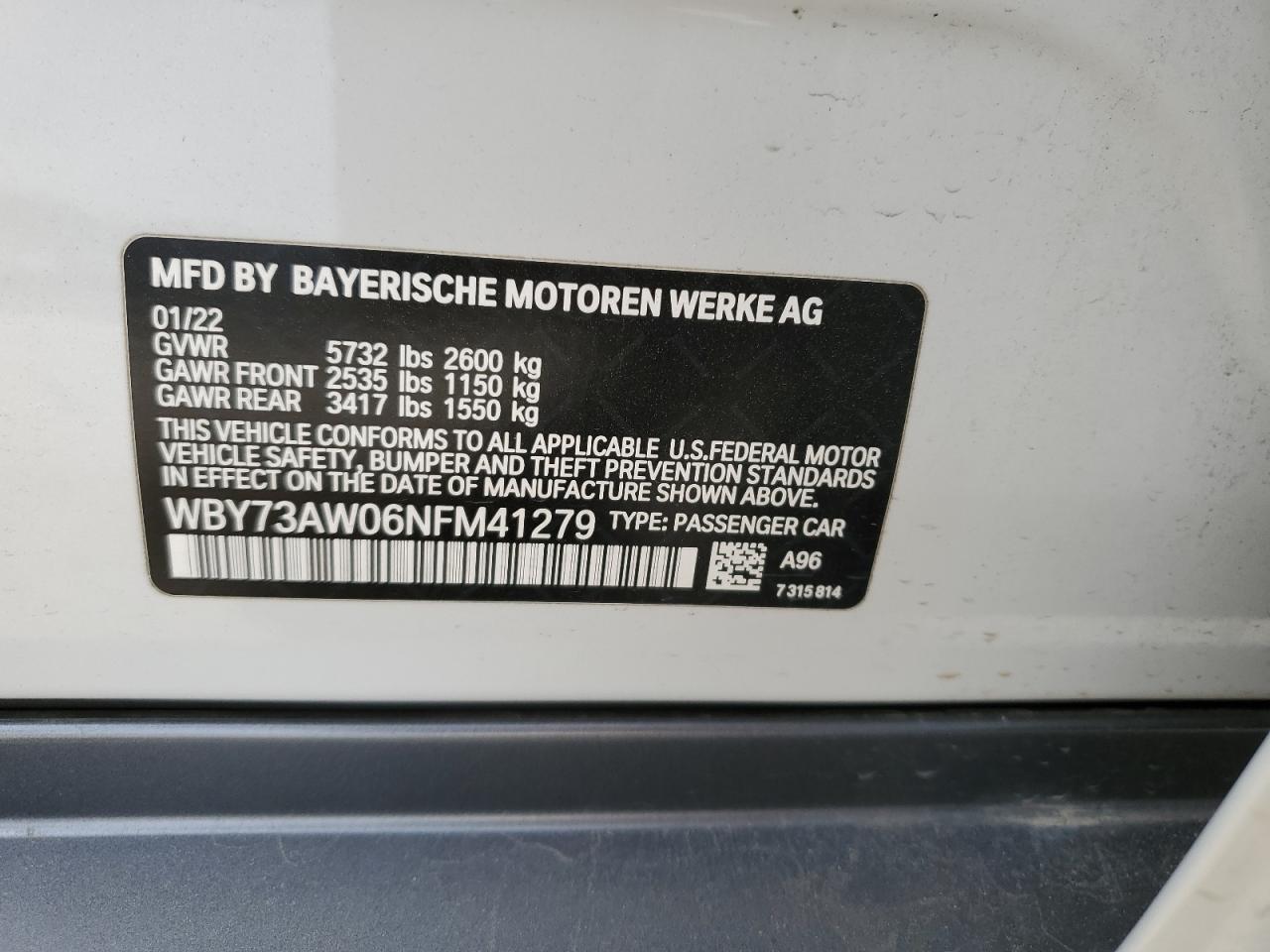 2022 BMW I4 EDRIVE 40 VIN:WBY73AW06NFM41279