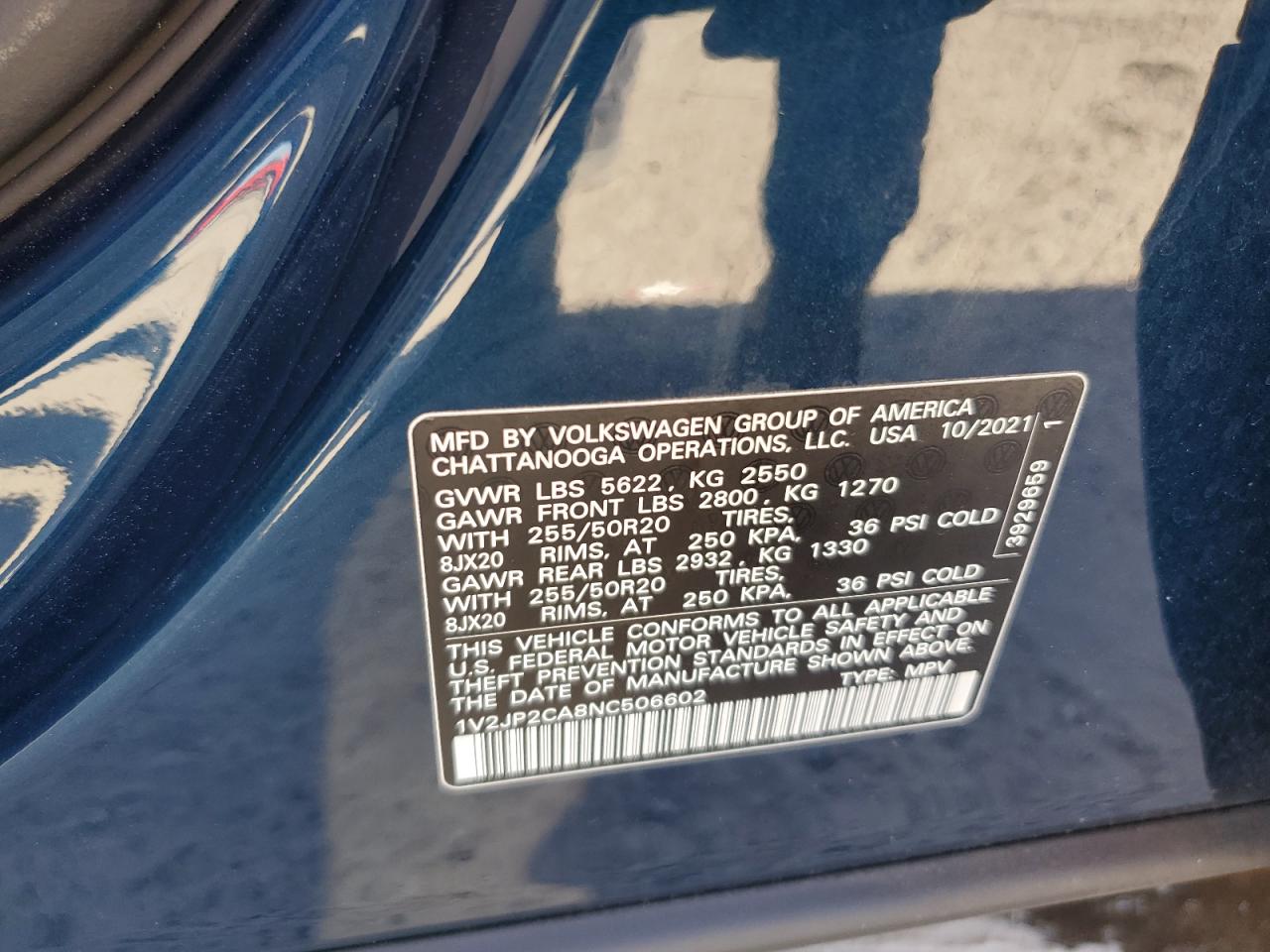 2022 VOLKSWAGEN ATLAS SE VIN:1V2JP2CA8NC506602