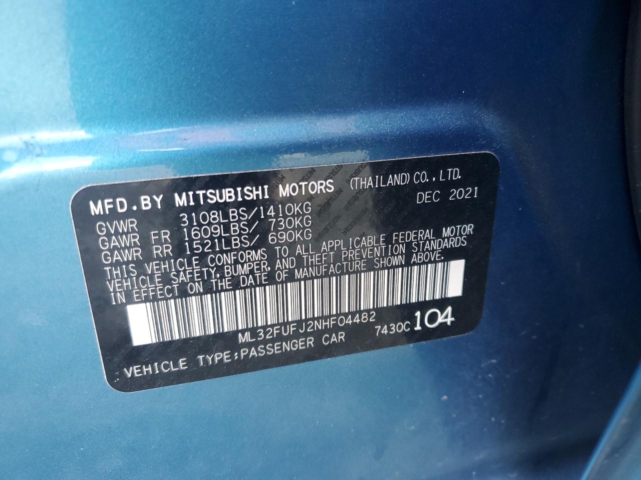 2022 MITSUBISHI MIRAGE G4 ES VIN:ML32FUFJ2NHF04482