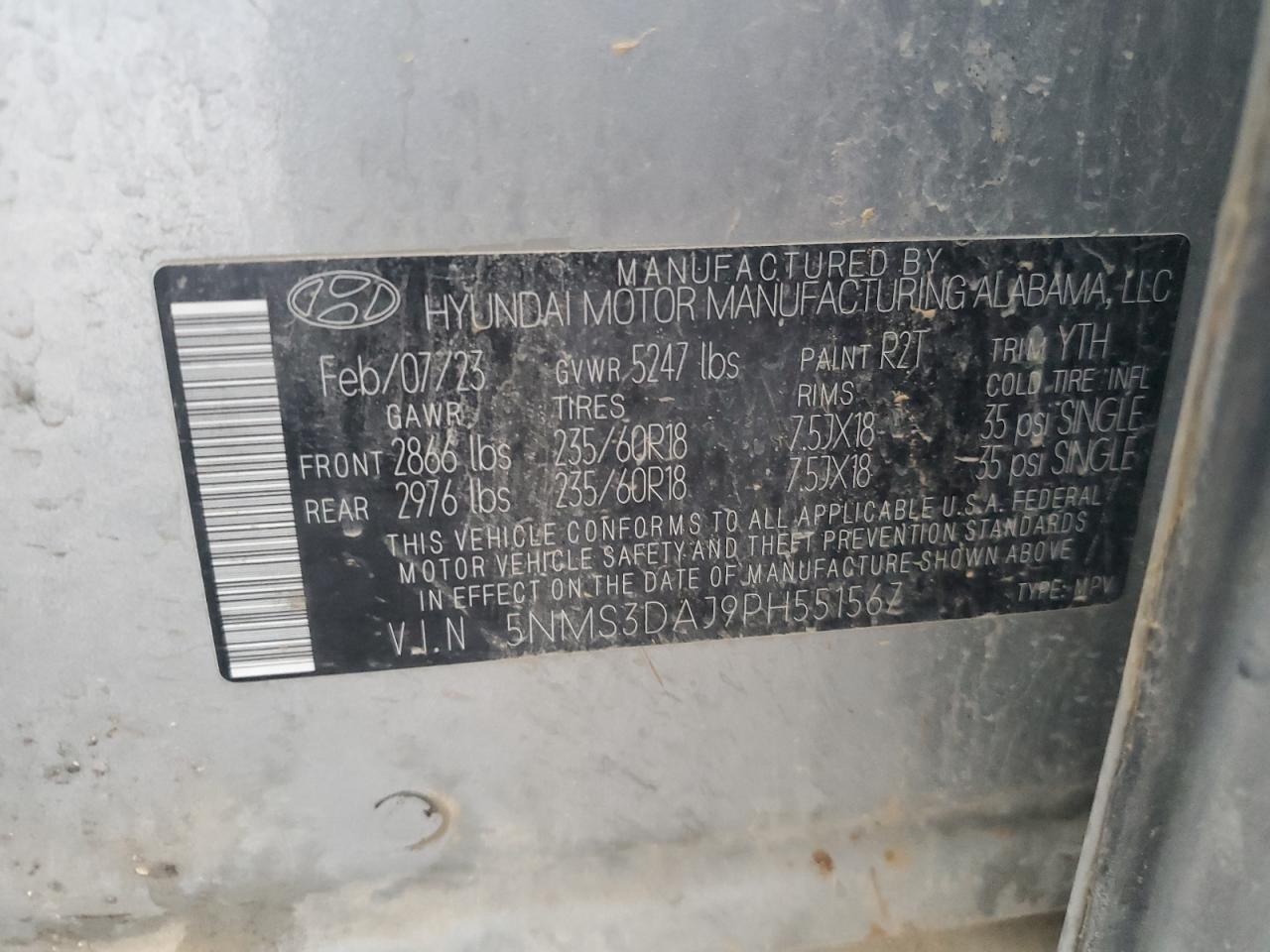 2023 HYUNDAI SANTA FE SEL PREMIUM VIN:5NMS3DAJ9PH551567