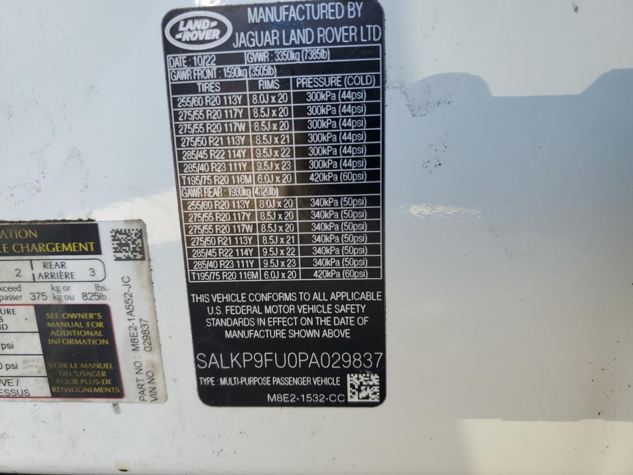 2023 LAND ROVER RANGE ROVER SE VIN:SALKP9FU0PA029837