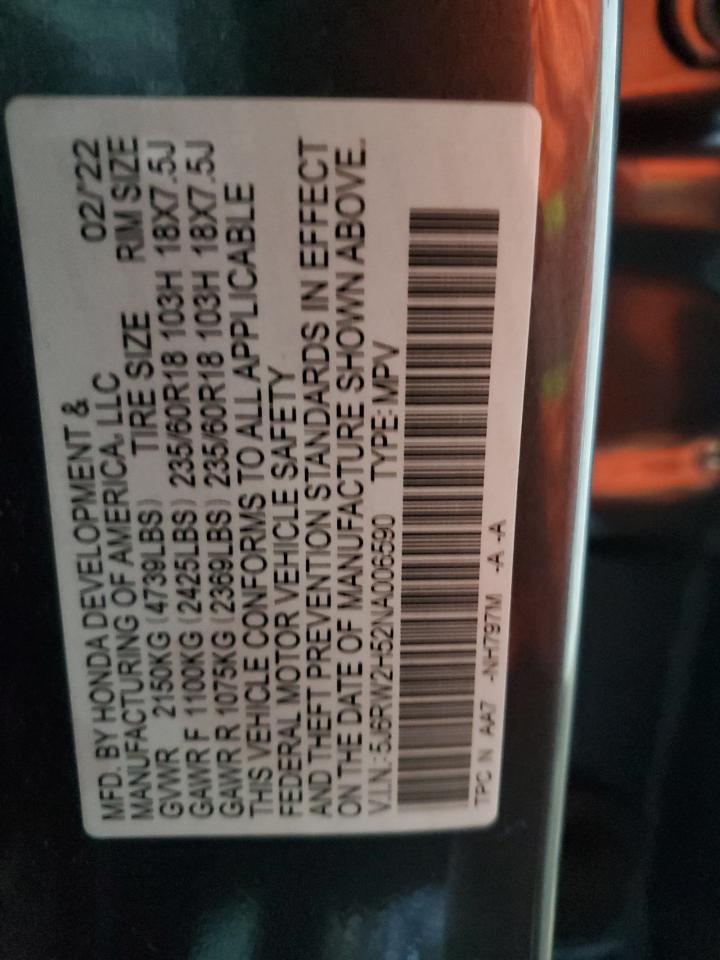 2022 HONDA CR-V EX VIN:5J6RW2H52NA006590