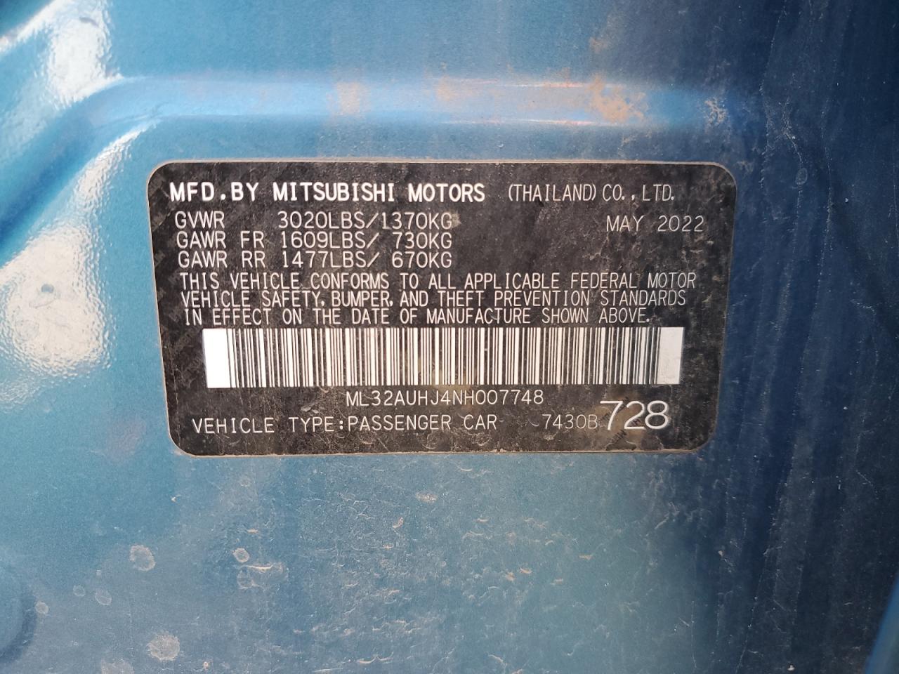 2022 MITSUBISHI MIRAGE ES VIN:ML32AUHJ4NH007748