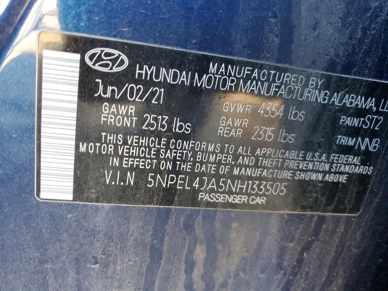 2022 HYUNDAI SONATA SEL VIN:5NPEL4JA5NH133505