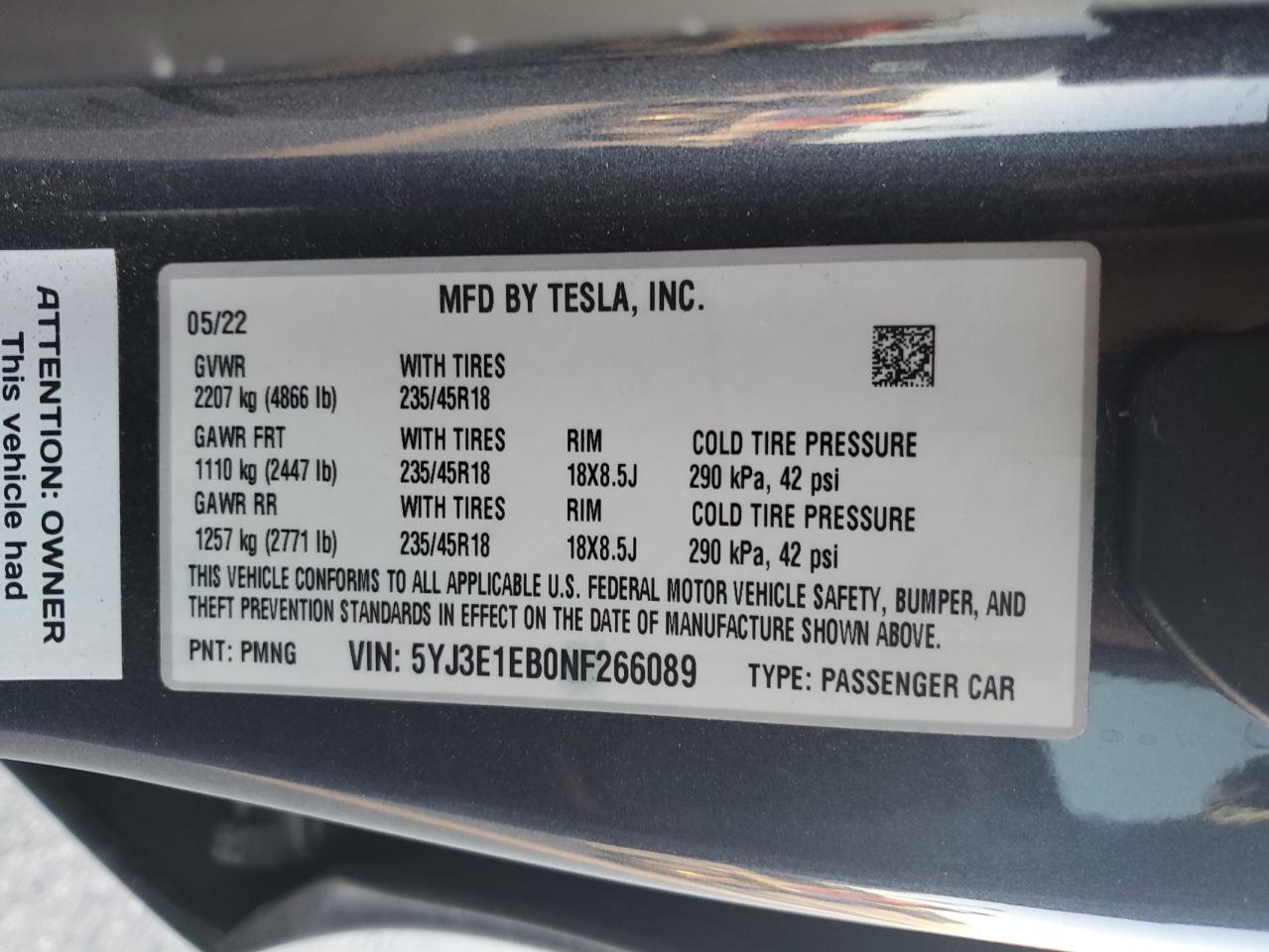 2022 TESLA MODEL 3  VIN:5YJ3E1EB0NF266089