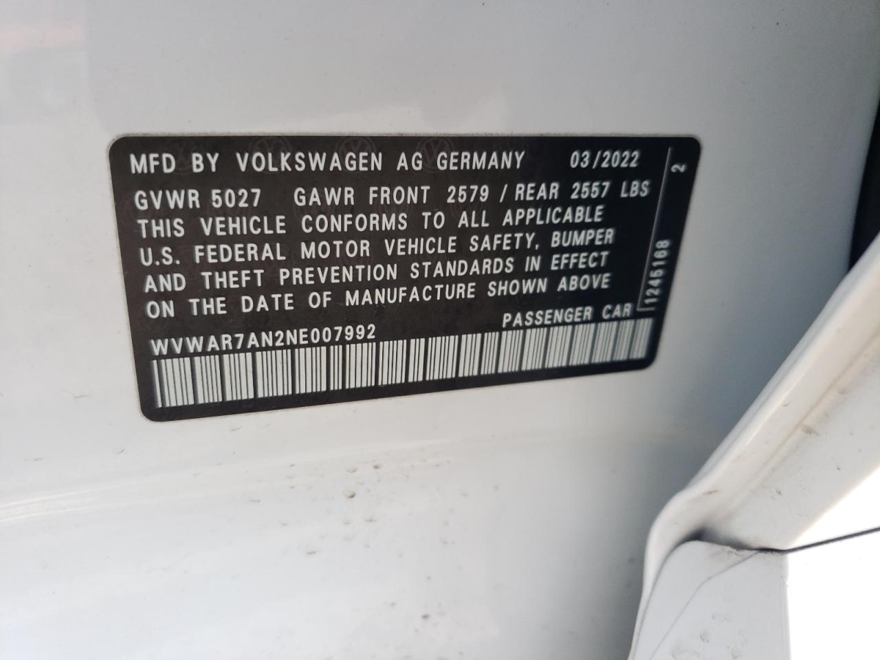 2022 VOLKSWAGEN ARTEON SEL R-LINE VIN:WVWAR7AN2NE007992