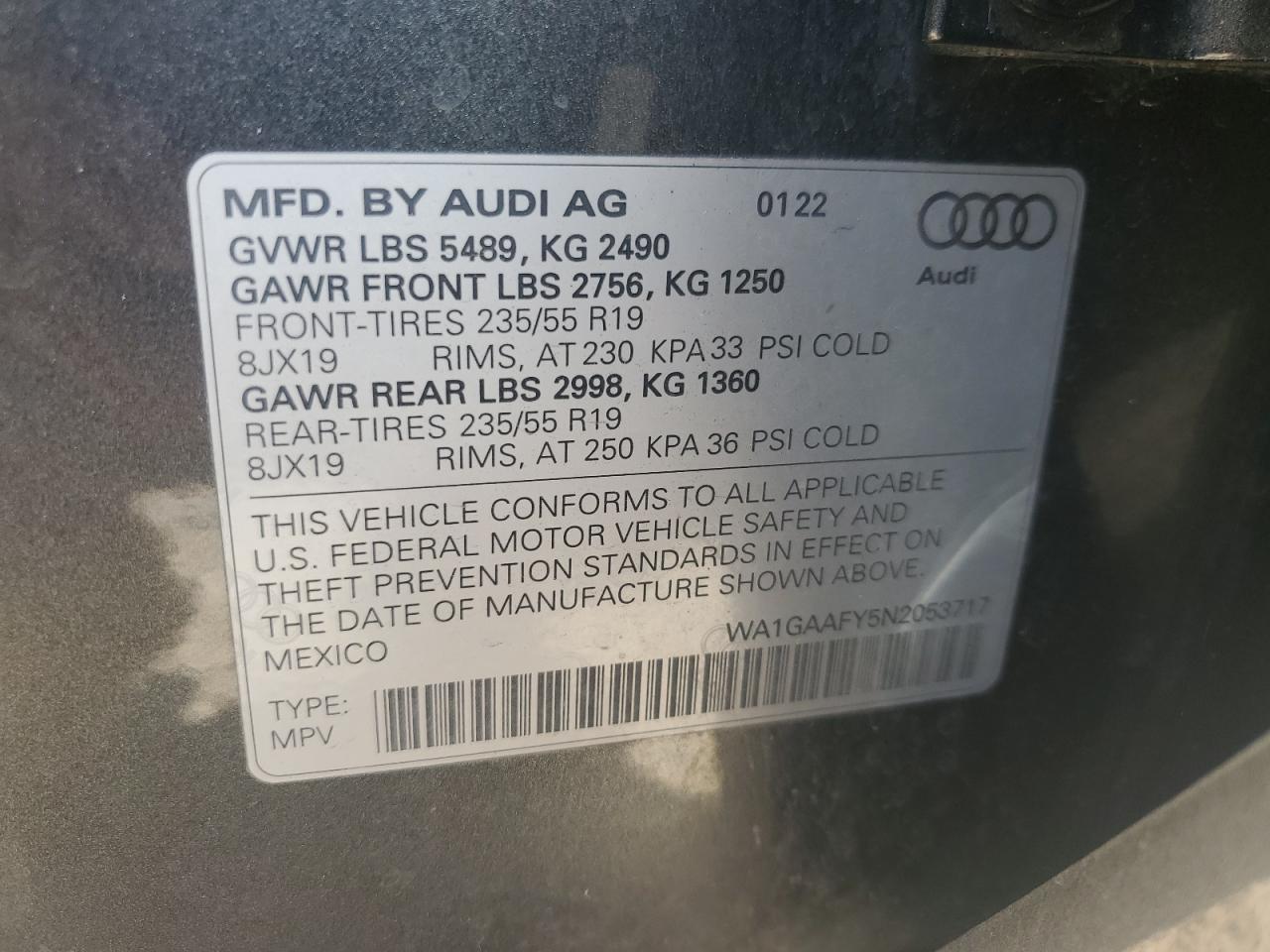 2022 AUDI Q5 PREMIUM 45 VIN:WA1GAAFY5N2053717