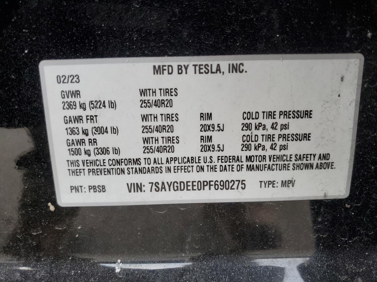 2023 TESLA MODEL Y  VIN:7SAYGDEE0PF690275