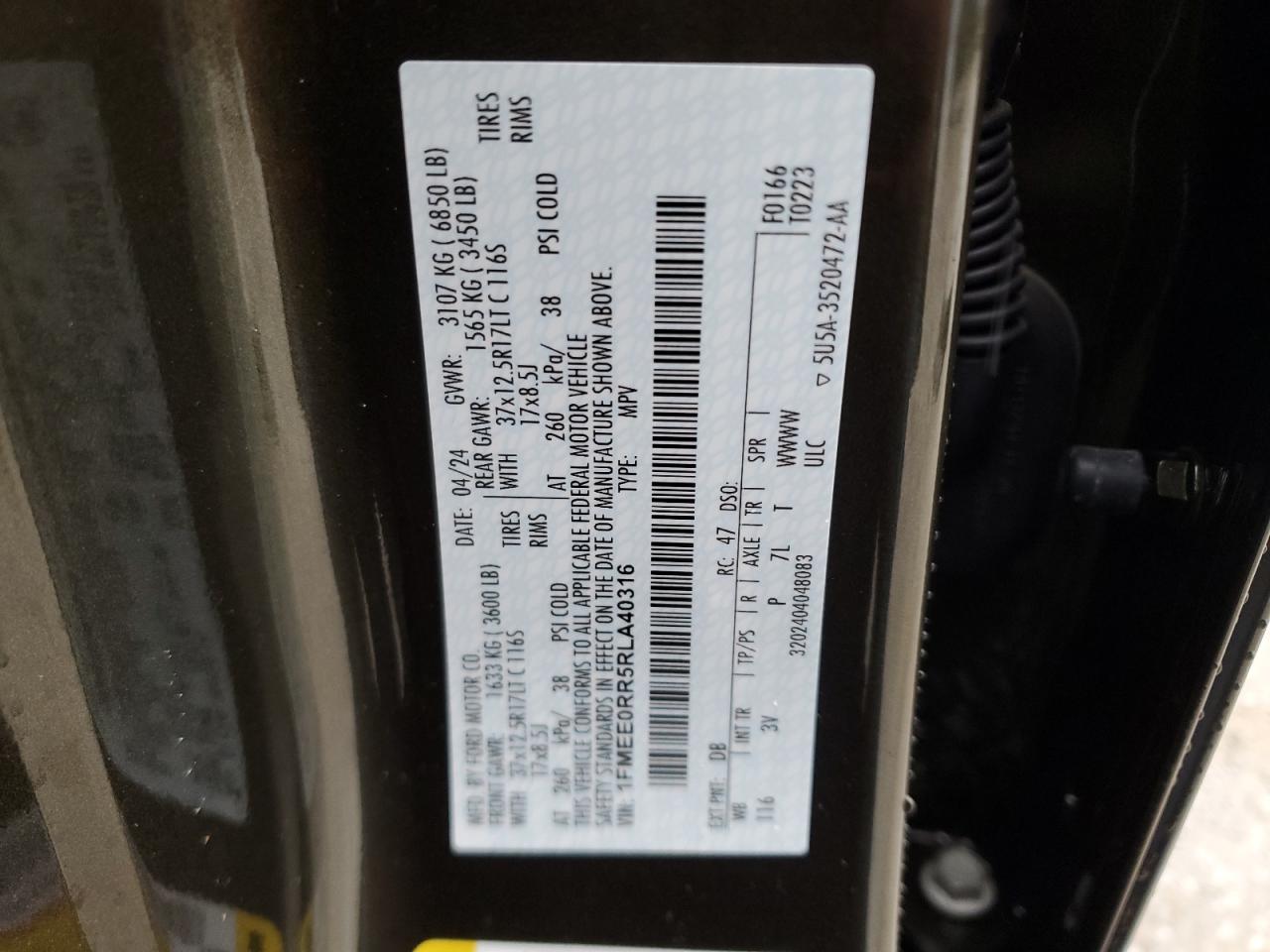 2024 FORD BRONCO RAPTOR VIN:1FMEE0RR5RLA40316