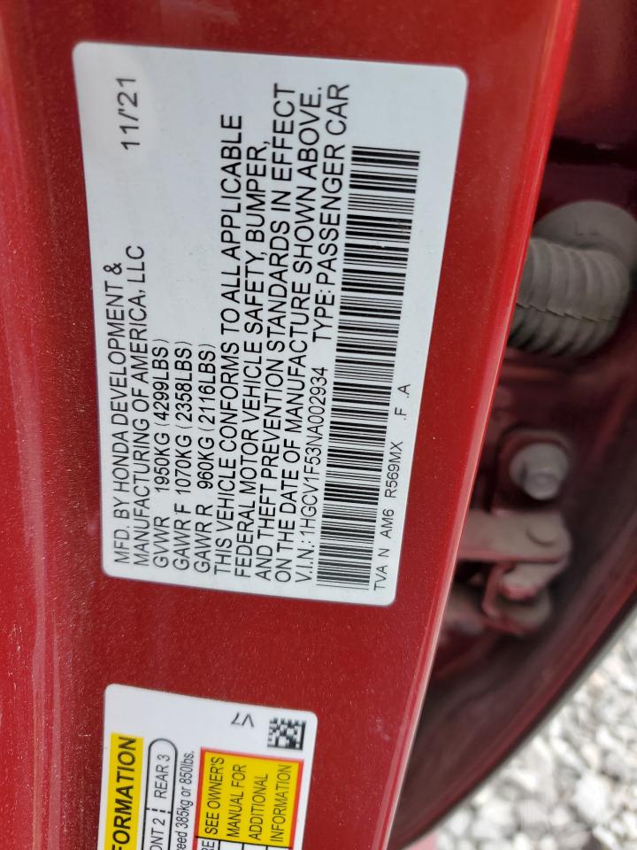 2022 HONDA ACCORD EXL VIN:1HGCV1F53NA002934