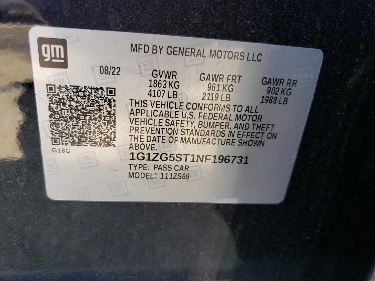 2022 CHEVROLET MALIBU RS VIN:1G1ZG5ST1NF196731