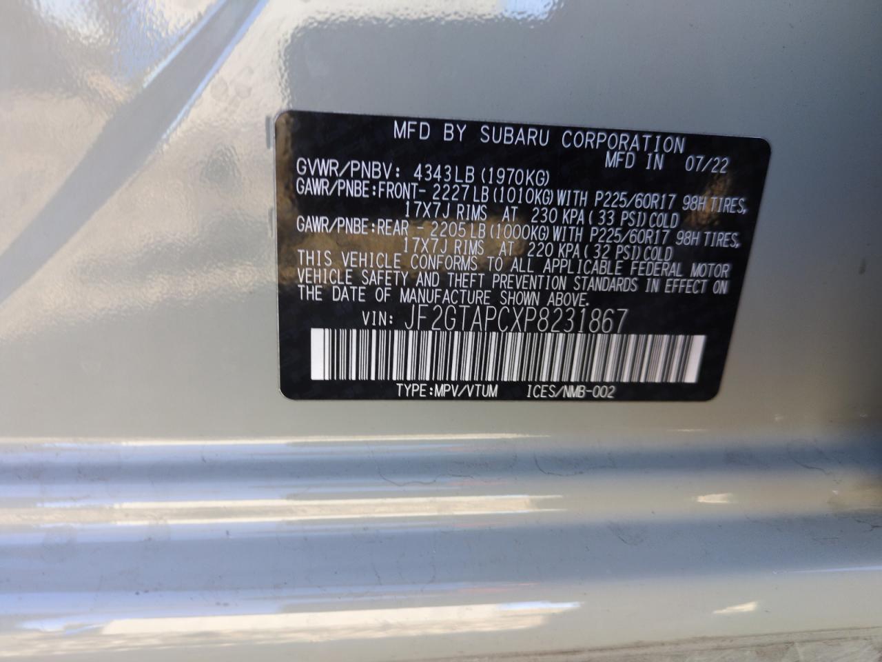 2023 SUBARU CROSSTREK PREMIUM VIN:JF2GTAPCXP8231867