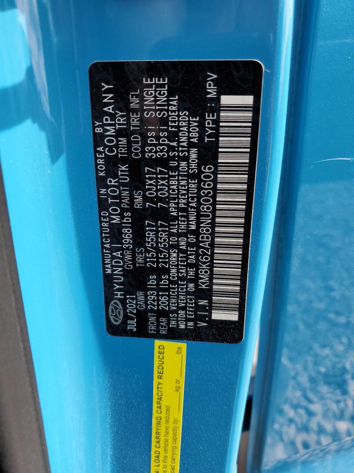 2022 HYUNDAI KONA SEL VIN:KM8K62AB8NU803606