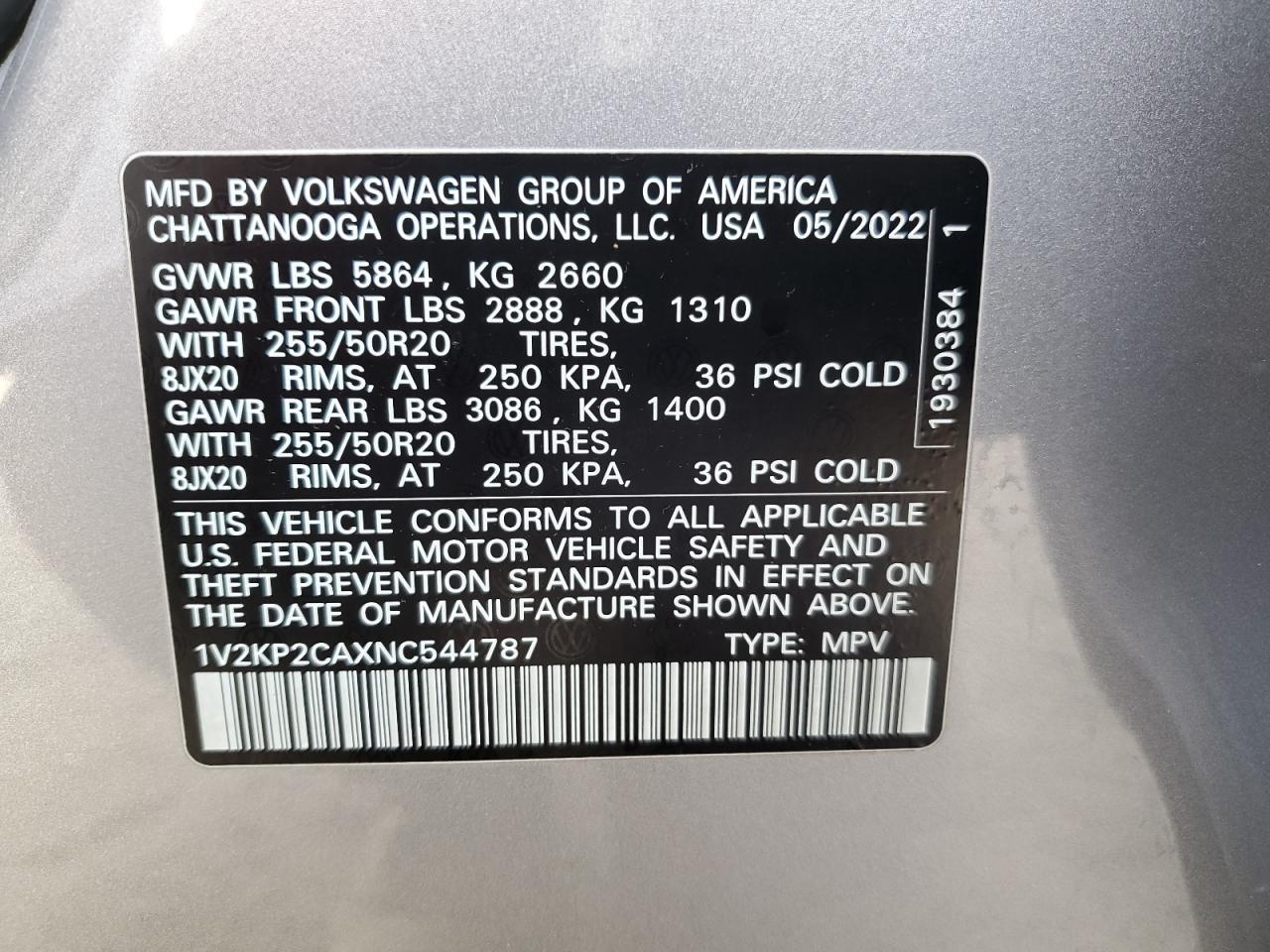2022 VOLKSWAGEN ATLAS SE VIN:1V2KP2CAXNC544787