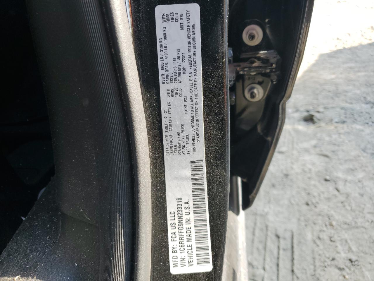 2022 RAM 1500 BIG HORN/LONE STAR VIN:1C6RRFFG9NN233316