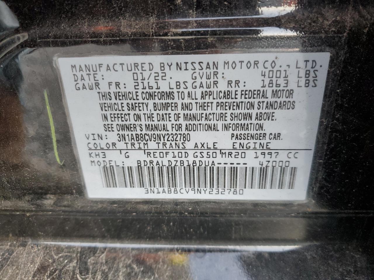 2022 NISSAN SENTRA SV VIN:3N1AB8CV9NY232780