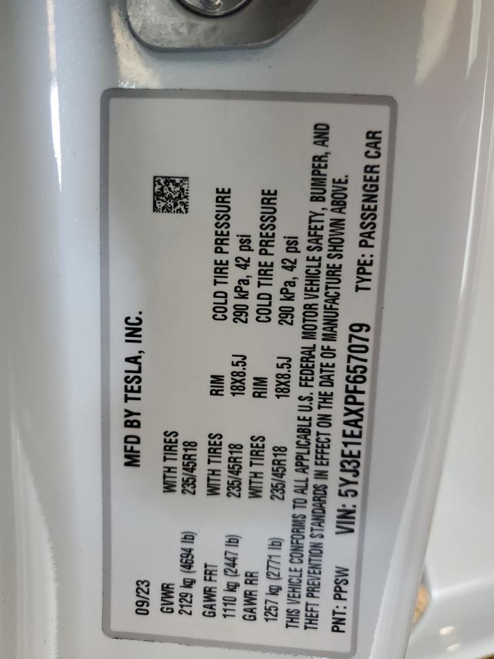 2023 TESLA MODEL 3  VIN:5YJ3E1EAXPF657079