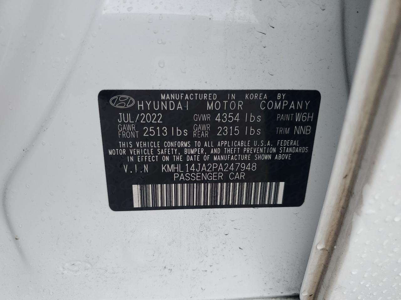 2023 HYUNDAI SONATA SEL VIN:KMHL14JA2PA247948