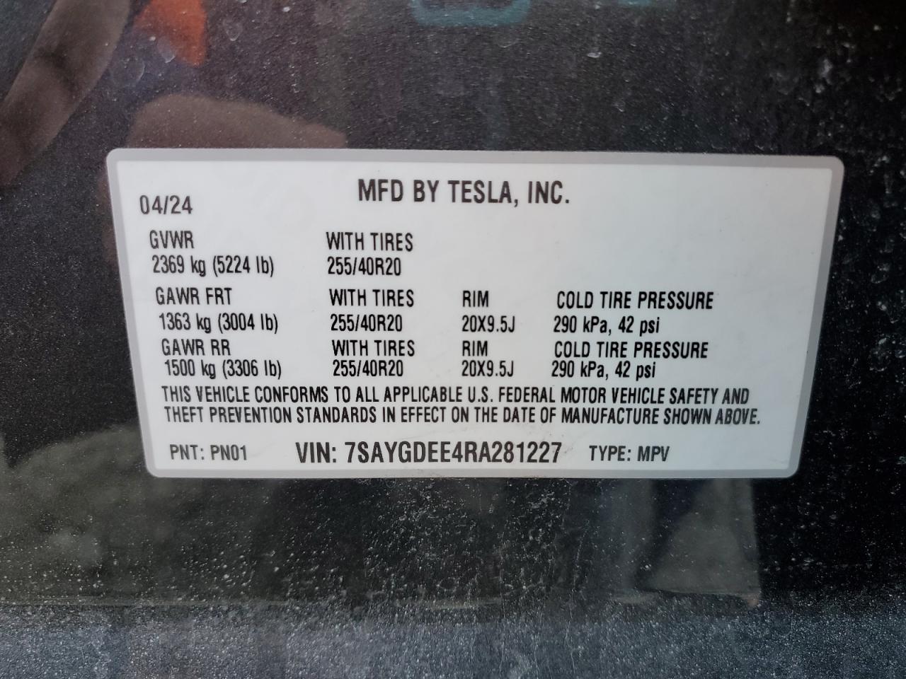2024 TESLA MODEL Y  VIN:7SAYGDEE4RA281227
