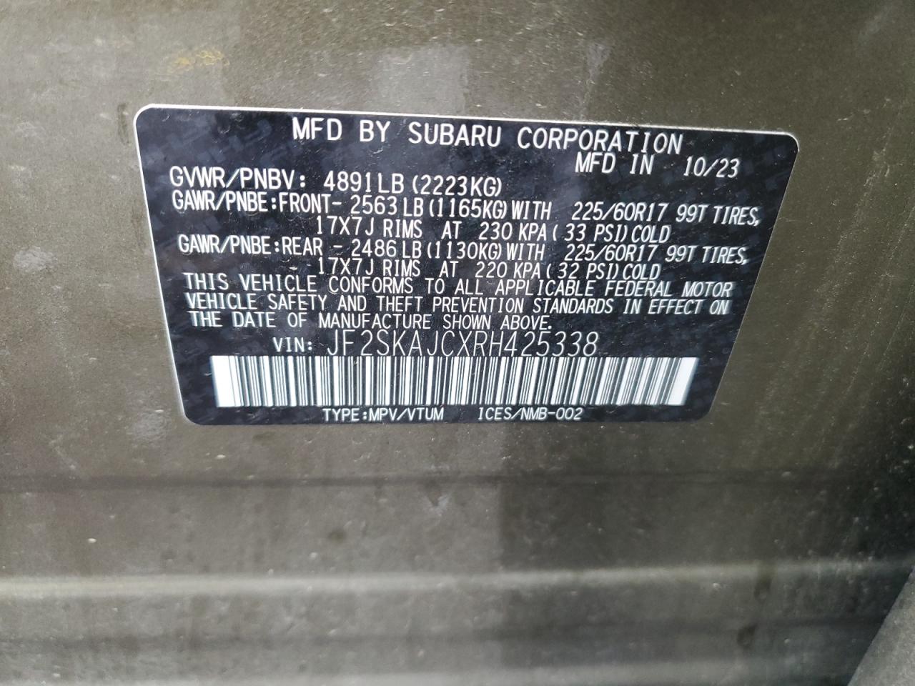 2024 SUBARU FORESTER WILDERNESS VIN:JF2SKAJCXRH425338