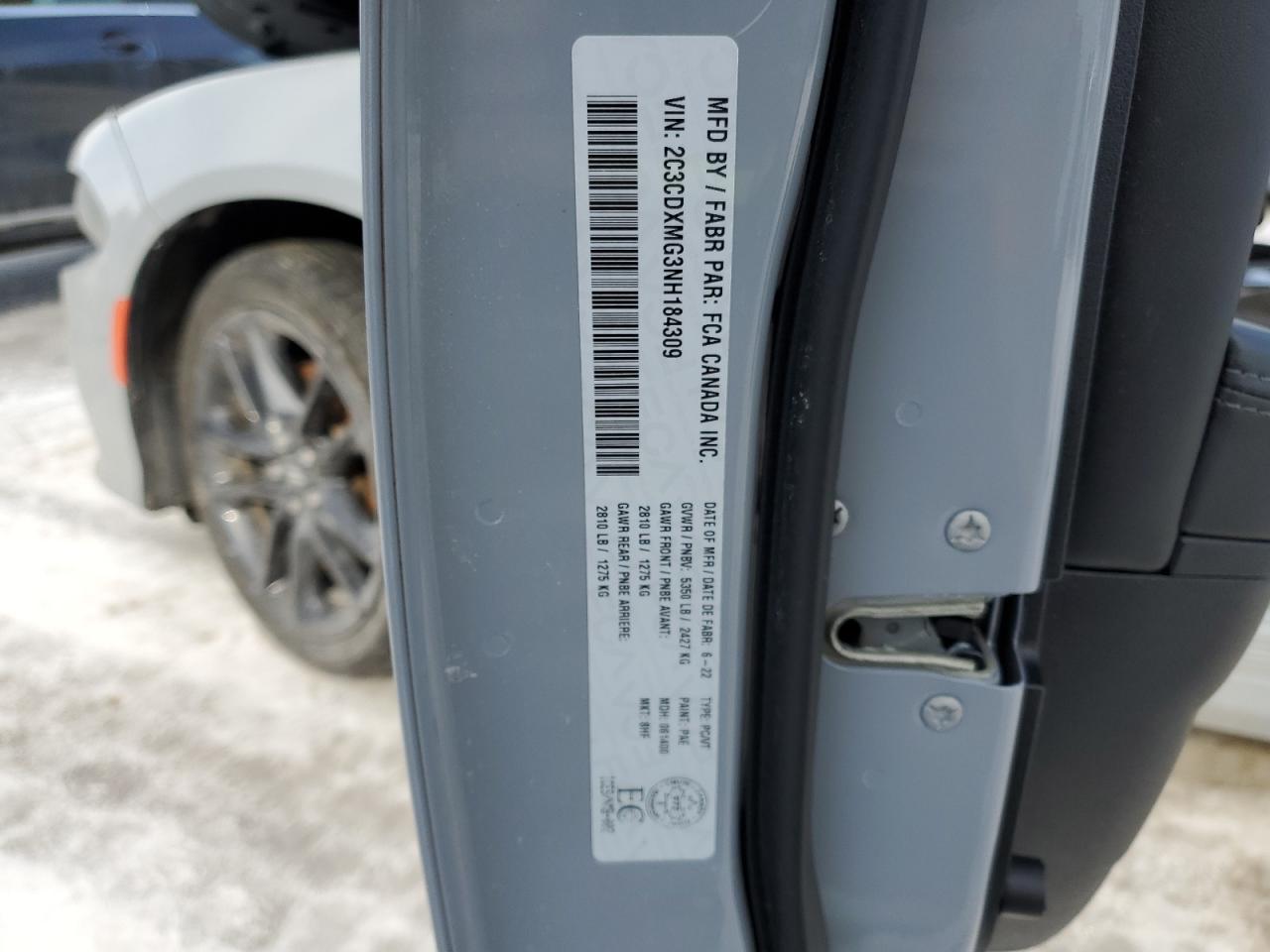 2022 DODGE CHARGER GT VIN:2C3CDXMG3NH184309