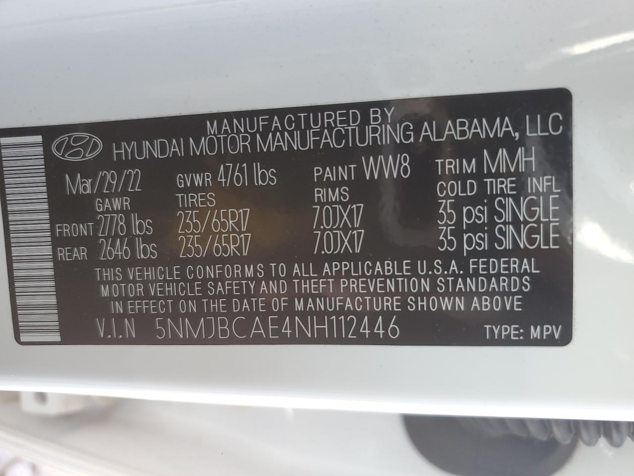 2022 HYUNDAI TUCSON SEL VIN:5NMJBCAE4NH112446