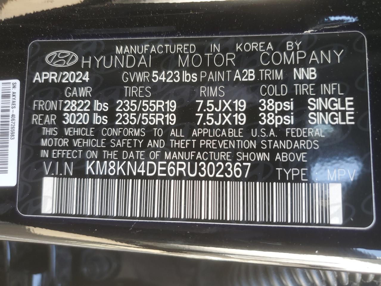 2024 HYUNDAI IONIQ 5 SEL VIN:KM8KN4DE6RU302367