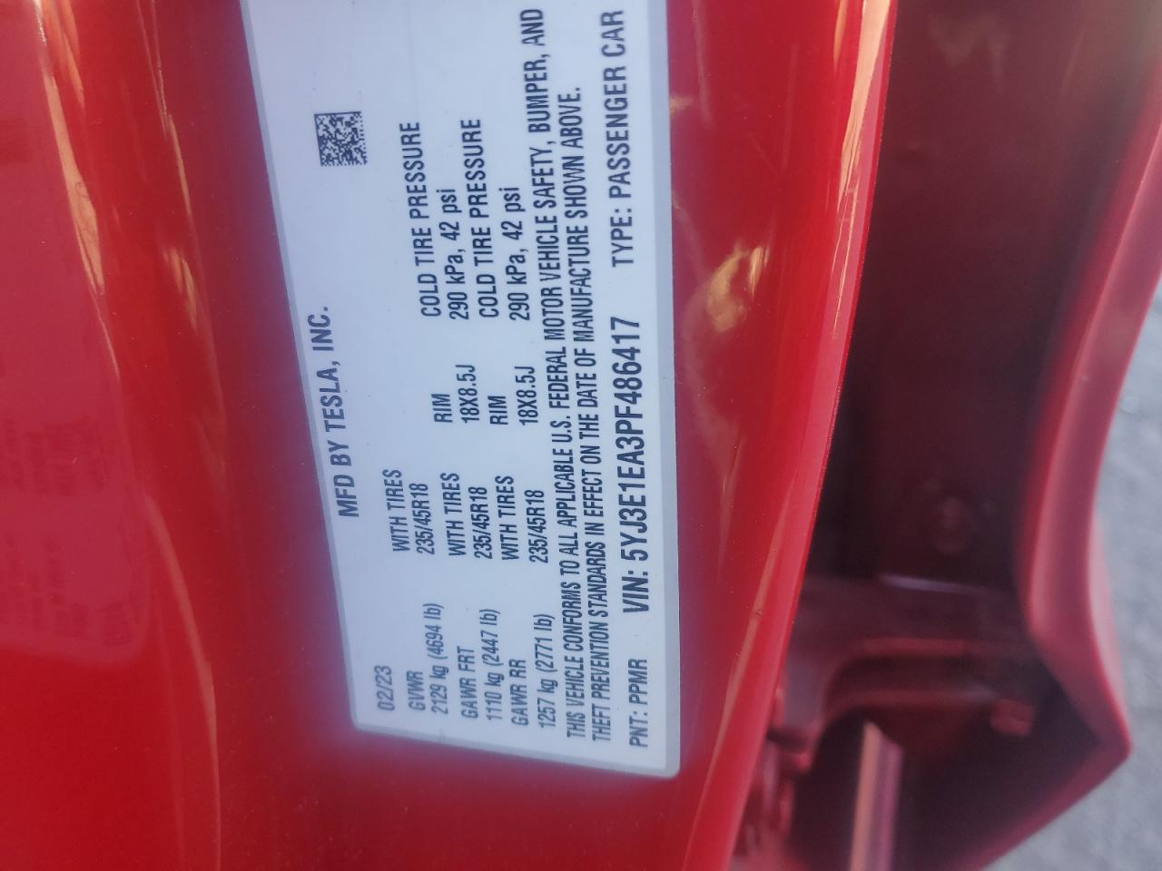 2023 TESLA MODEL 3  VIN:5YJ3E1EA3PF486417