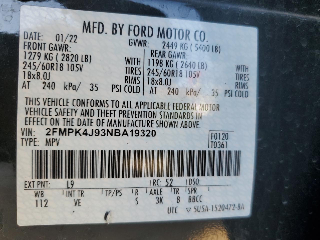 2022 FORD EDGE SEL VIN:2FMPK4J93NBA19320