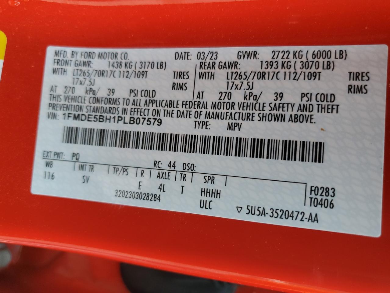 2023 FORD BRONCO BASE VIN:1FMDE5BH1PLB07579