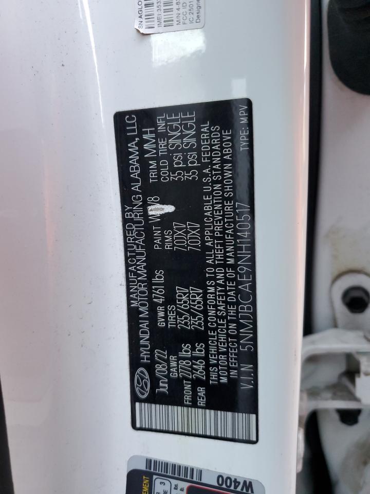 2022 HYUNDAI TUCSON SEL VIN:5NMJBCAE9NH140517