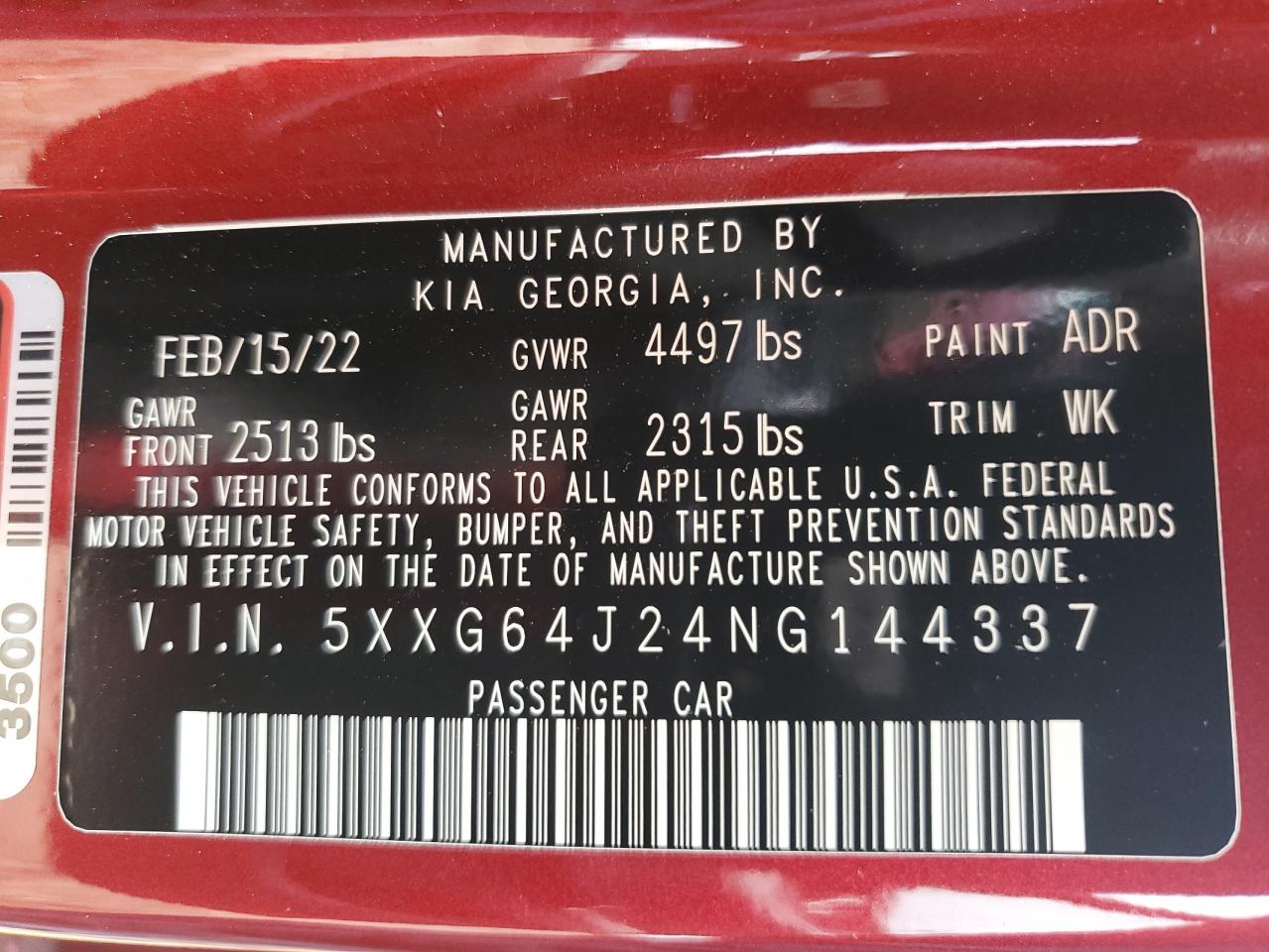 2022 KIA K5 GT LINE VIN:5XXG64J24NG144337