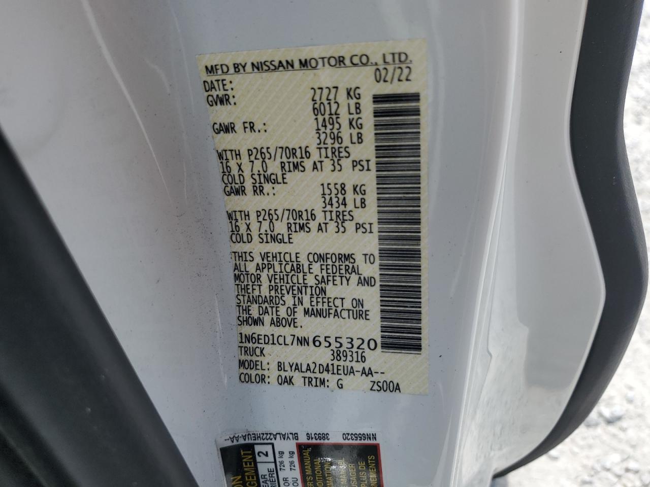 2022 NISSAN FRONTIER S VIN:1N6ED1CL7NN655320
