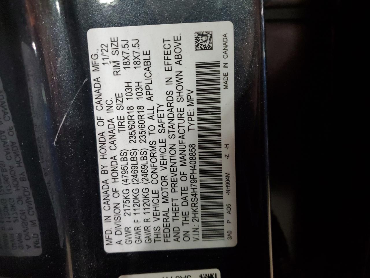 2023 HONDA CR-V EXL VIN:2HKRS4H79PH408858