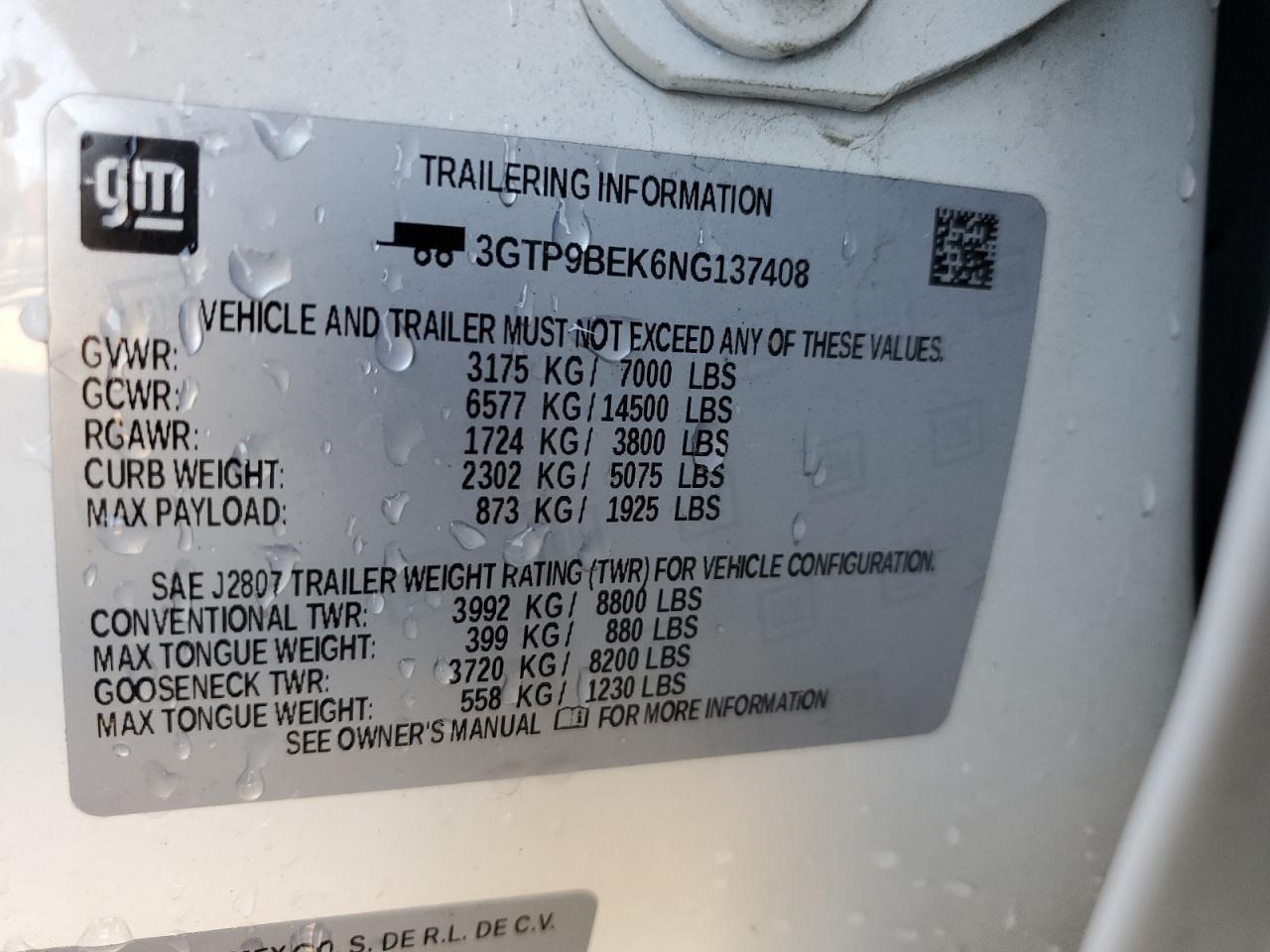 2022 GMC SIERRA LIMITED K1500 SLE VIN:3GTP9BEK6NG137408