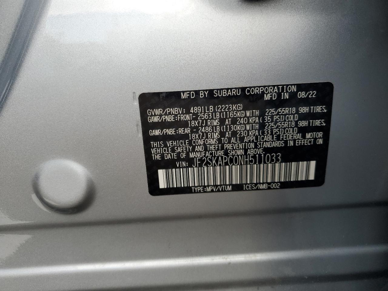 2022 SUBARU FORESTER LIMITED VIN:JF2SKAPC0NH511033