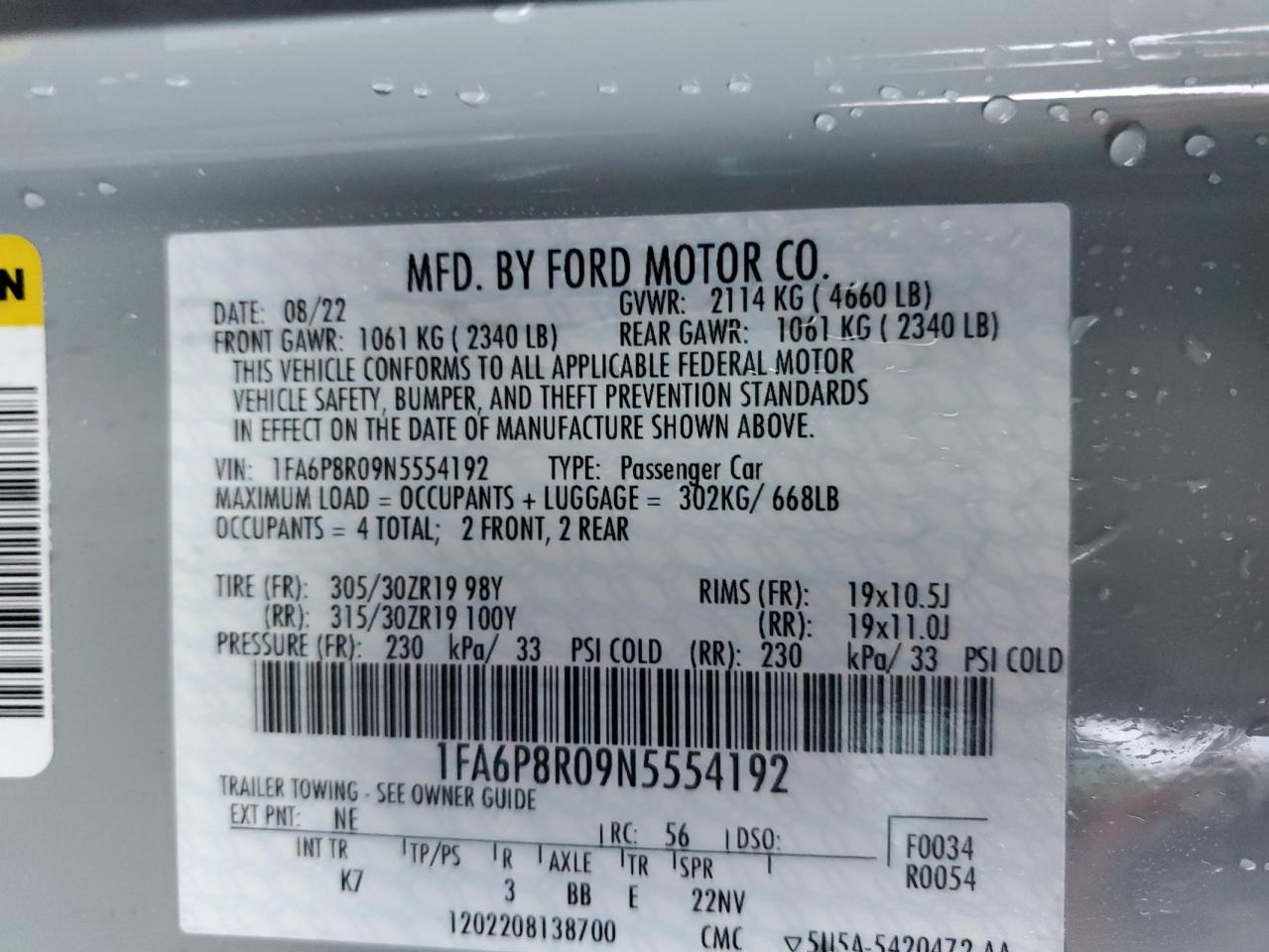 2022 FORD MUSTANG MACH I VIN:1FA6P8R09N5554192