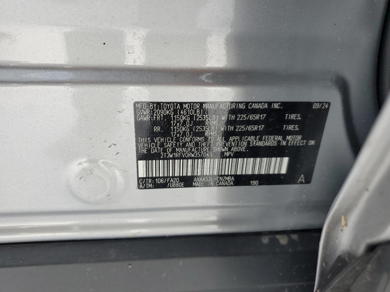 2024 TOYOTA RAV4 XLE VIN:2T3W1RFV0RW357041