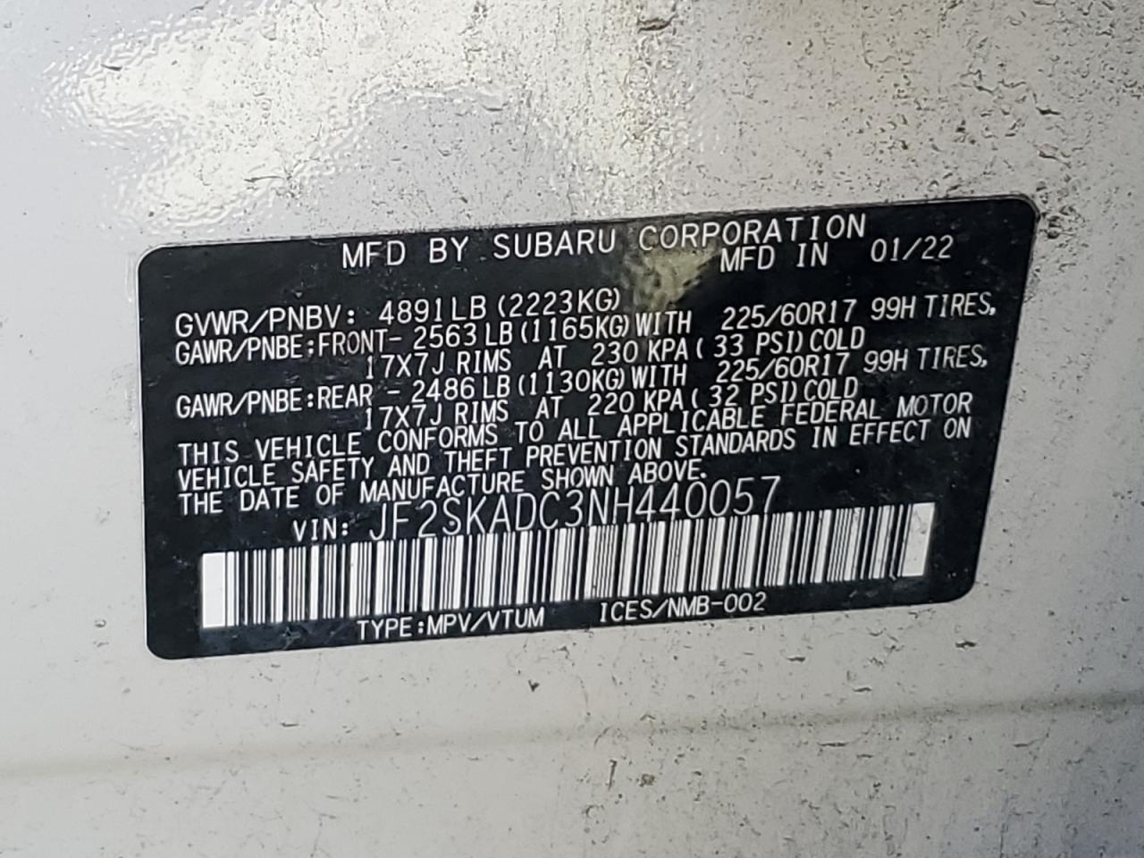 2022 SUBARU FORESTER PREMIUM VIN:JF2SKADC3NH440057