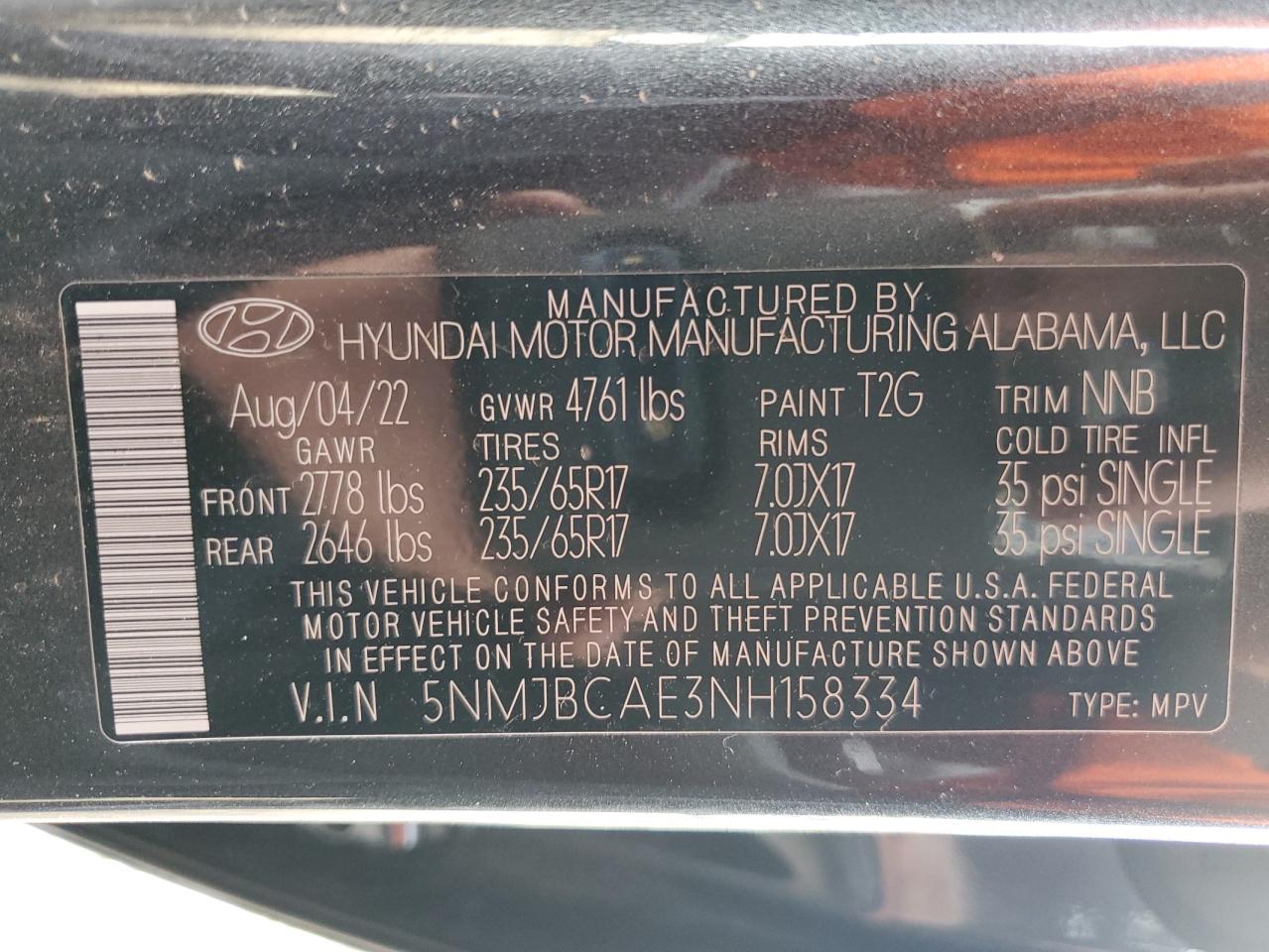 2022 HYUNDAI TUCSON SEL VIN:5NMJBCAE3NH158334