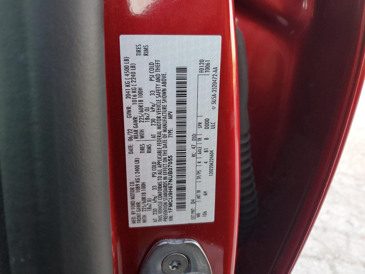 2022 FORD ESCAPE SEL VIN:1FMCU9H67NUB07055