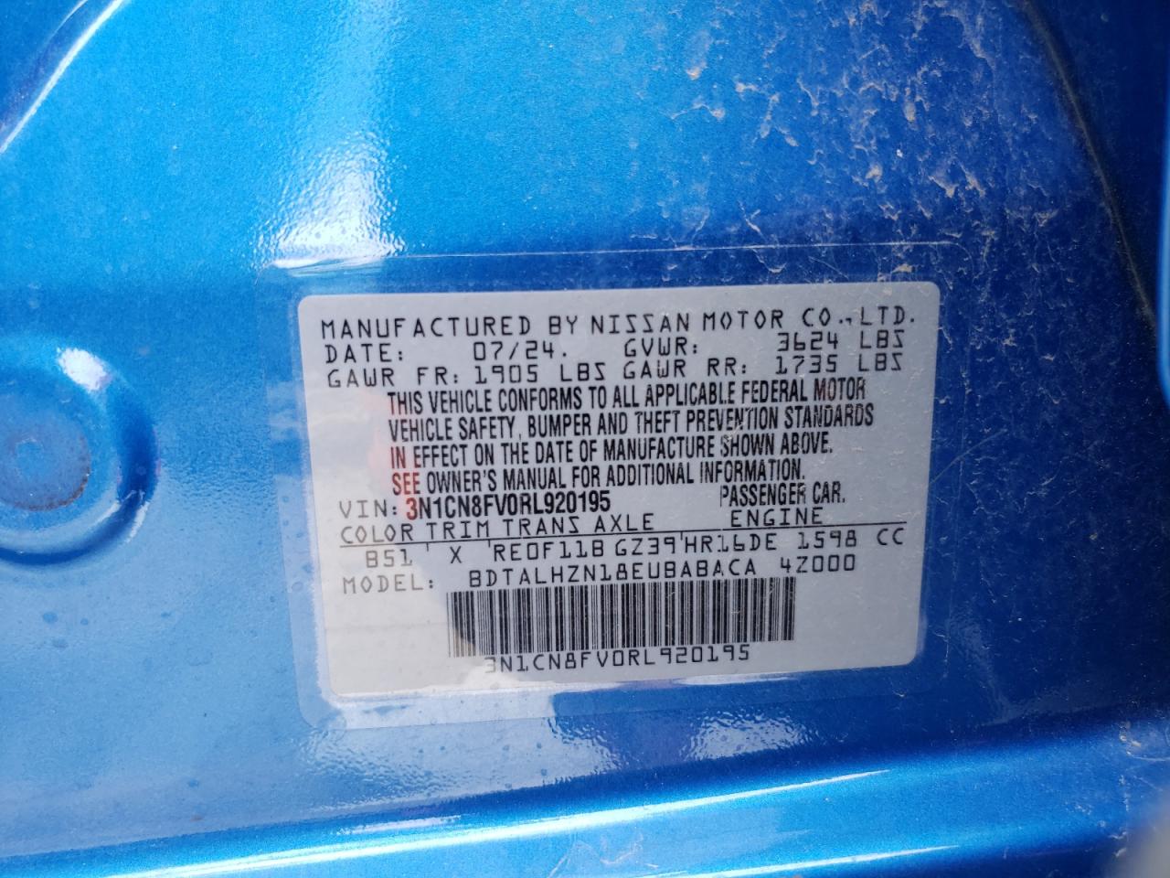 2024 NISSAN VERSA SR VIN:3N1CN8FV0RL920195