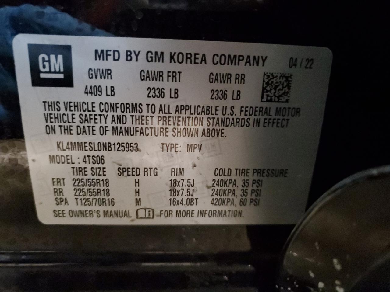 2022 BUICK ENCORE GX SELECT VIN:KL4MMESL0NB125953