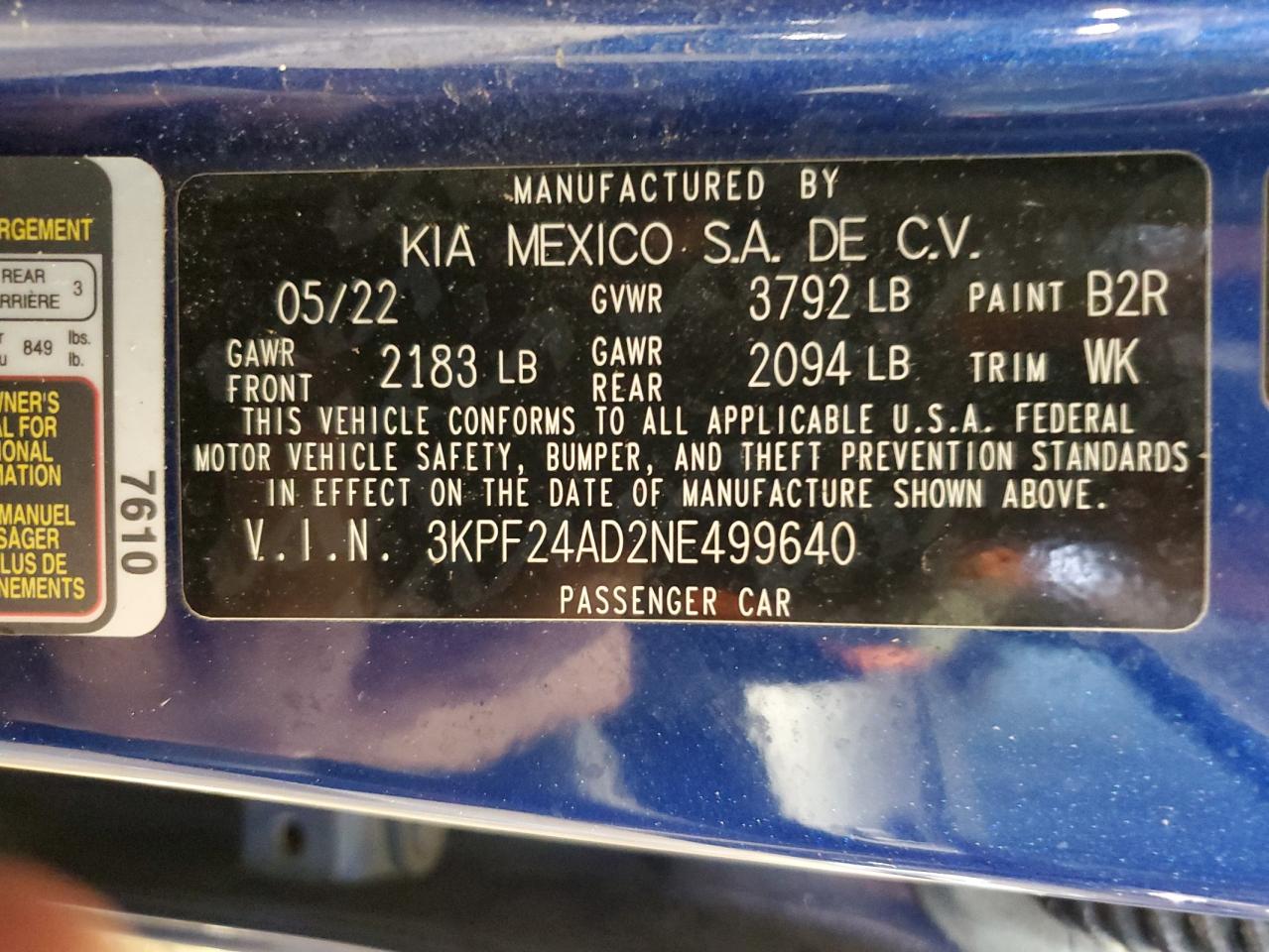 2022 KIA FORTE FE VIN:3KPF24AD2NE499640
