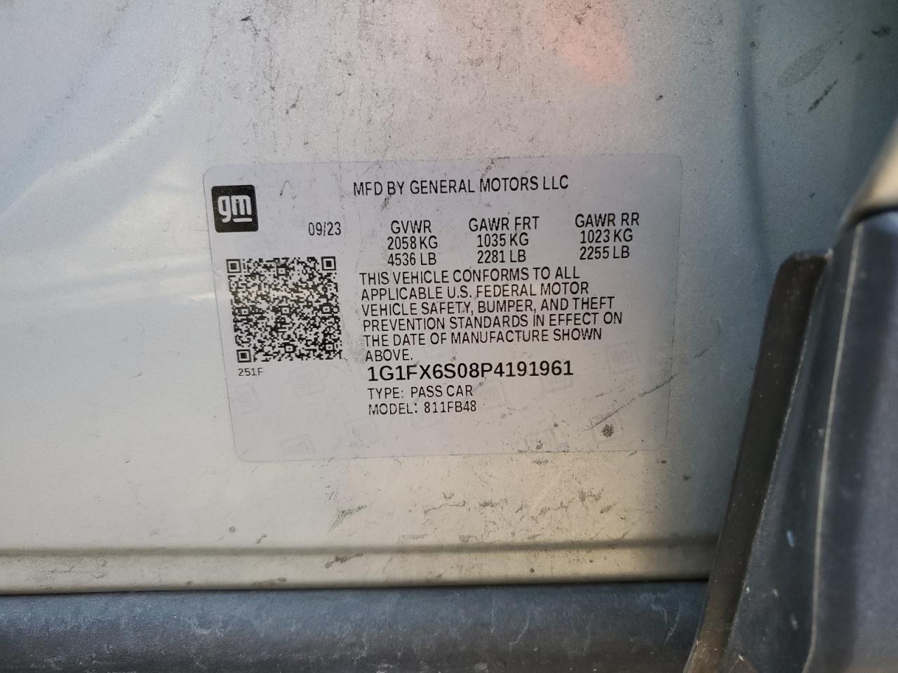 2023 CHEVROLET BOLT EV 2LT VIN:1G1FX6S08P4191961