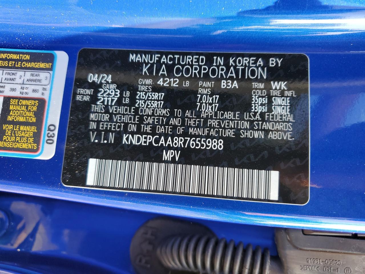 2024 KIA SELTOS LX VIN:KNDEPCAA8R7655988
