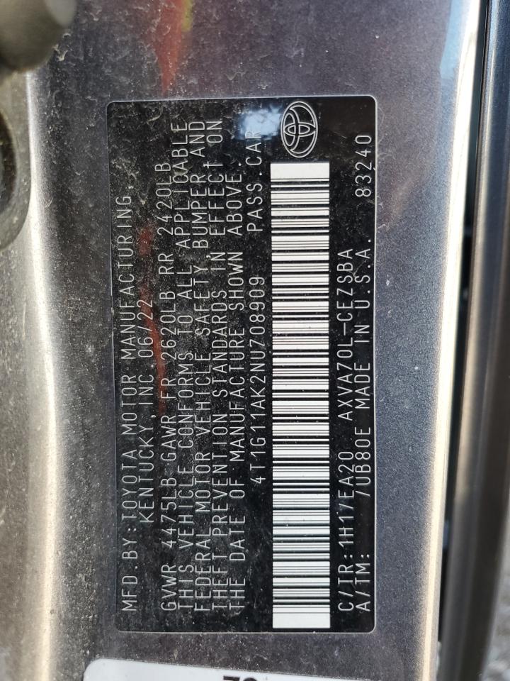 2022 TOYOTA CAMRY SE VIN:4T1G11AK2NU708909